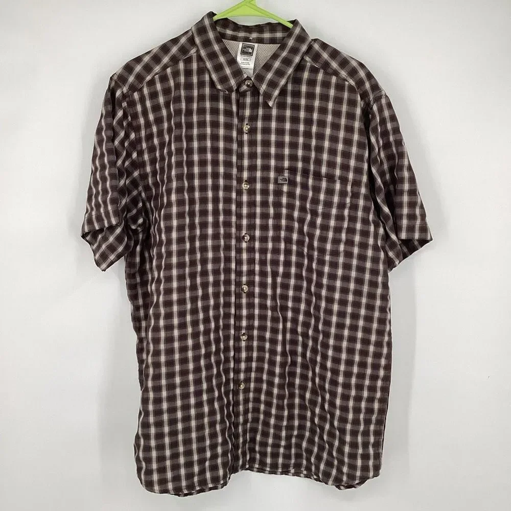 Mens The North Face Plaid short sleeved Button Up Shirt Gray XL‎